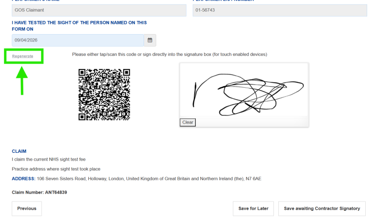Image showing 'Regenerate' button highlighted on left hand side on GOS claim form